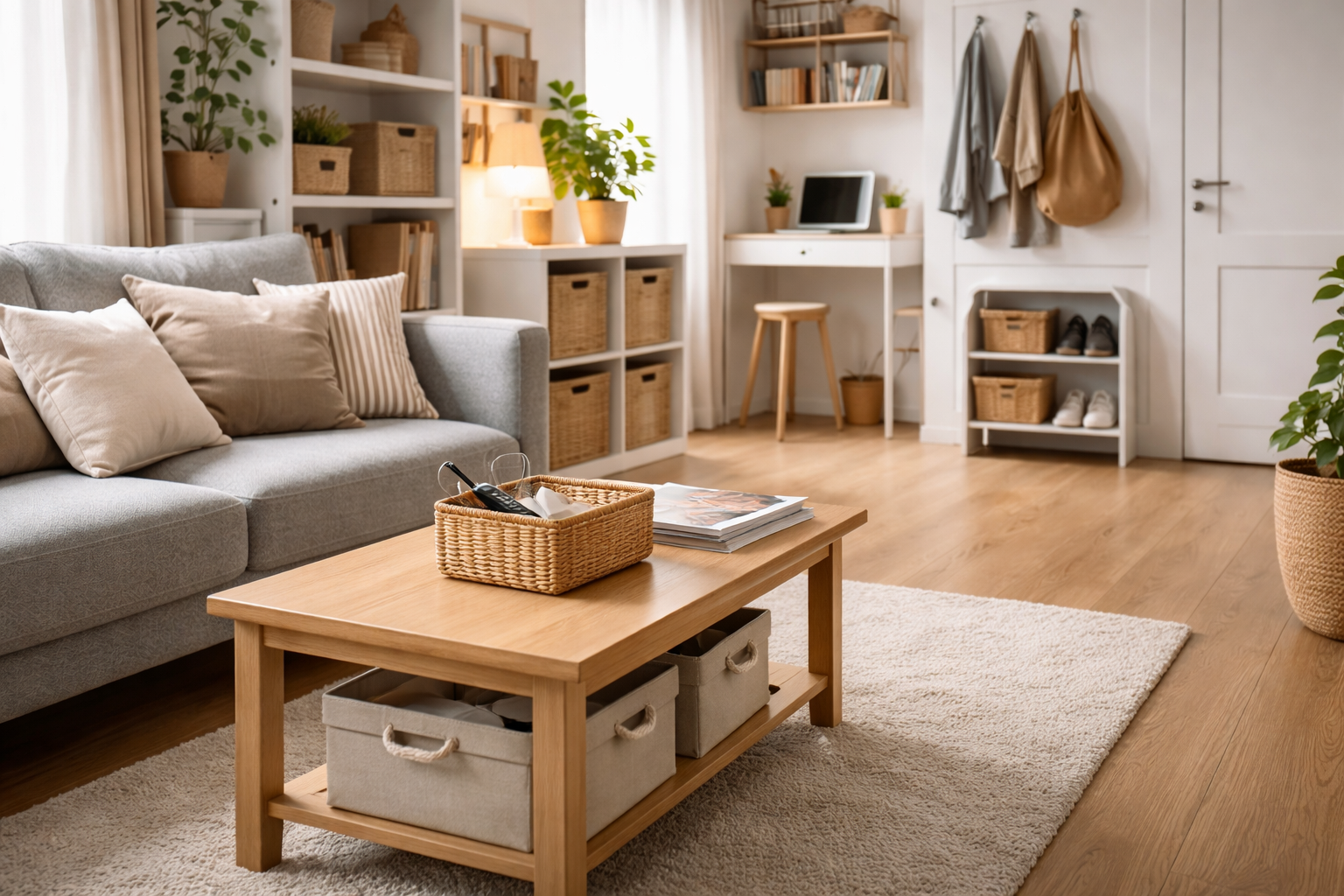 Ordentlich eingerichtete kleine Wohnung mit Sofa, Stauraumregalen, Körben und kleinem Arbeitsplatz als Beispiel für mehr Platz und Struktur im Alltag.