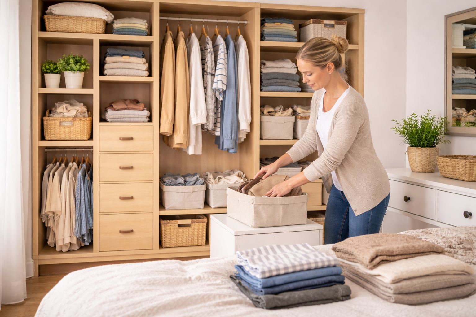 Frau organisiert Kleidung vor einem offenen Kleiderschrank in einem hellen Schlafzimmer mit gefalteter Wäsche auf dem Bett.